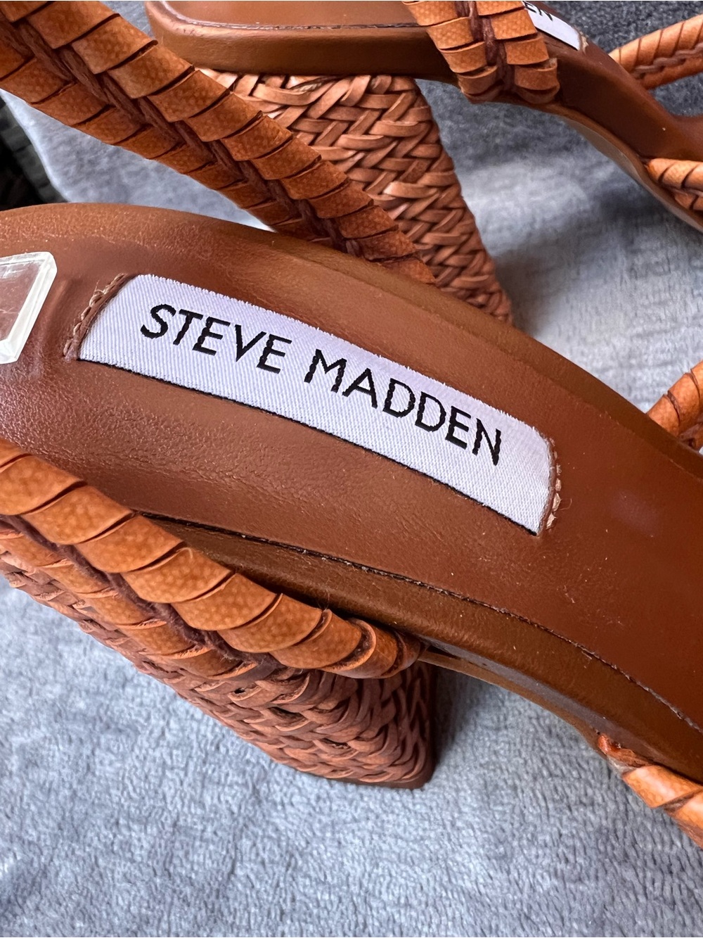 Steve Madden Malou Heels Sz 6.5 M Cognac Braided Block Heel Sandals Vegan - Picture 6 of 15
